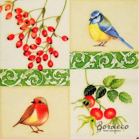 Serwetka decoupage AMBIENTE ptaszki i owoce 33x33cm